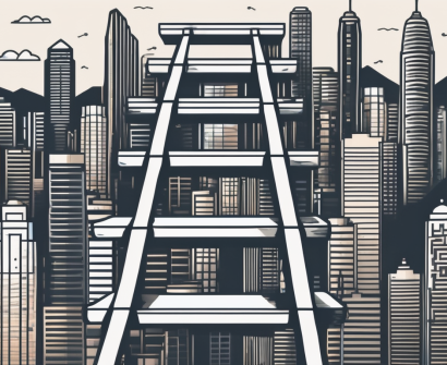 A ladder ascending against a backdrop of hong kong's skyline