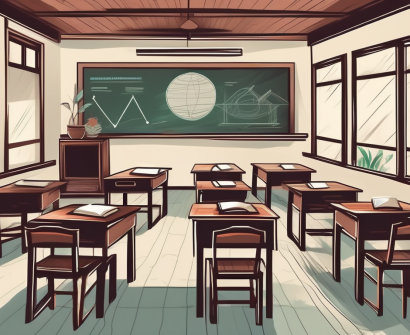 A traditional vietnamese classroom setting with desks