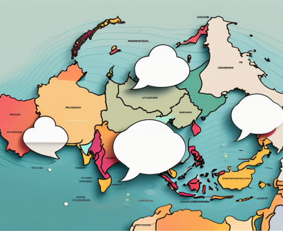 The indonesian archipelago with various sized speech bubbles floating above it