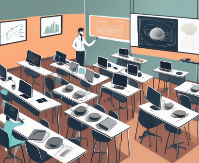 A modern classroom with various innovative teaching tools such as digital blackboards