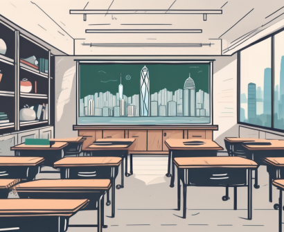 A classroom setting in hong kong with iconic cityscape in the background