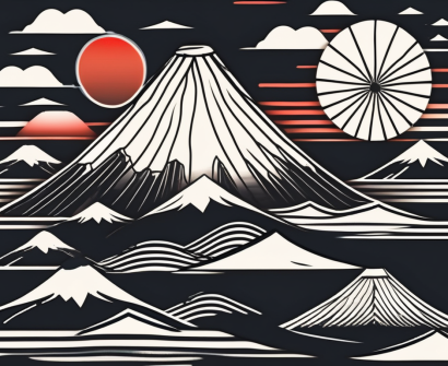 A rising sun (symbolizing japan) with various height levels of mount fuji