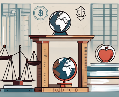 A classroom setting with international educational symbols