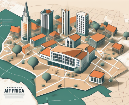 A diverse collection of school buildings scattered across a stylized map of south africa