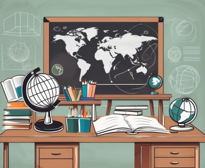 A classroom setting with various educational tools like books