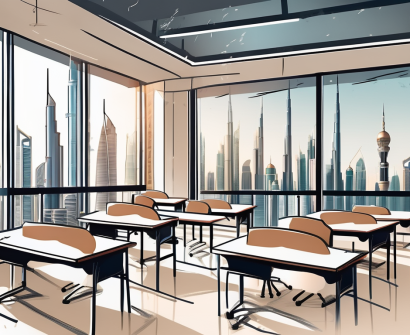 A modern classroom setting in dubai with various educational tools and a backdrop of dubai's skyline