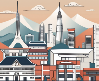 A diverse set of eight stylized school buildings