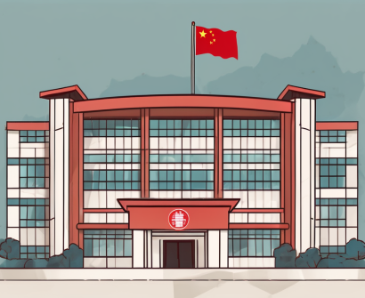 A typical chinese public school building with an international flag