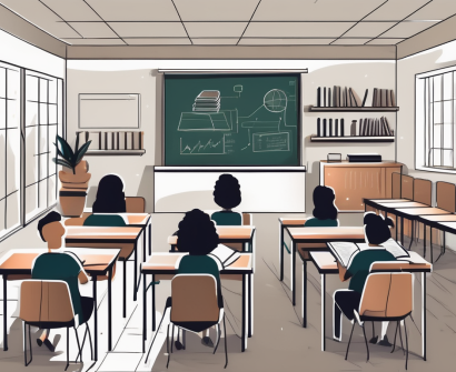 A classroom setting with various educational tools like books