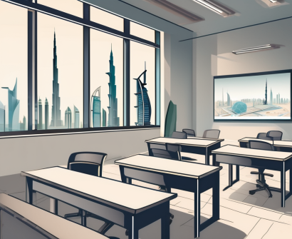 A classroom setting in dubai with iconic landmarks visible through the window