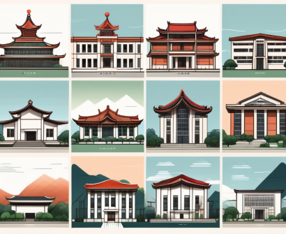 Nine different school buildings representing various architectural styles from around the world