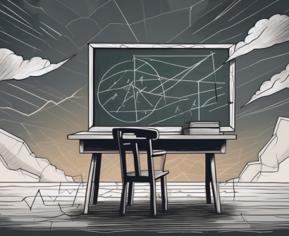 A cracked chalkboard with a half-erased mathematical fraction (7/10) and a subtly shaking wooden teacher's desk