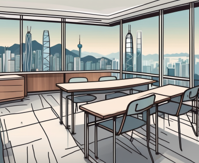 A well-furnished classroom with a view of the hong kong skyline
