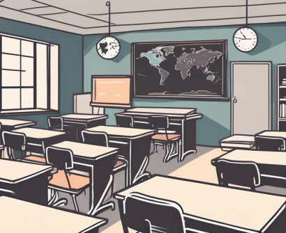 A singaporean classroom with empty desks and chairs