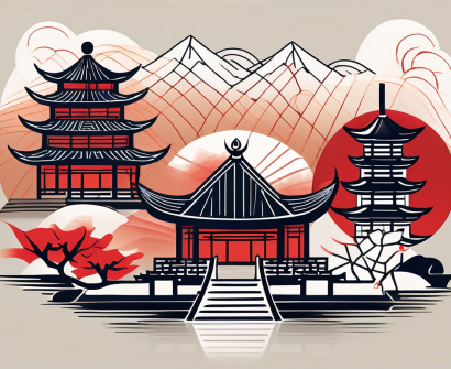 Four symbolic elements representing different aspects of chinese arts and humanities such as a traditional chinese brush for calligraphy