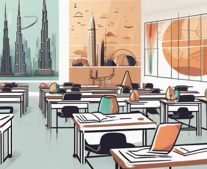 A classroom setting filled with diverse educational tools and symbols representing different cultures