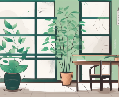 A serene chinese classroom environment with symbols of well-being such as a green plant