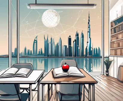 A modern classroom overlooking the iconic dubai skyline