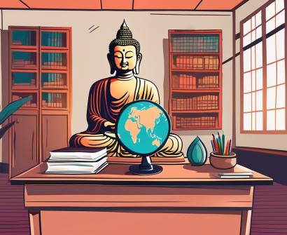 A vibrant thai classroom setting with an empty teacher's desk