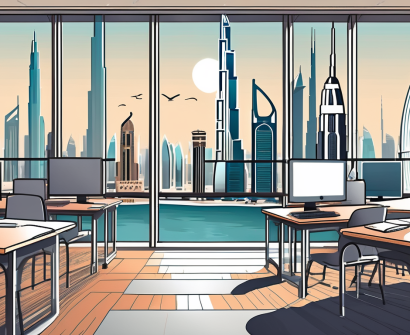 A modern classroom with a view of the iconic dubai skyline