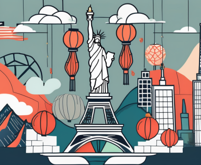 A classroom setting with various international symbols like the eiffel tower