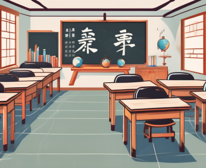 A japanese classroom with various government policy documents scattered on the teacher's desk