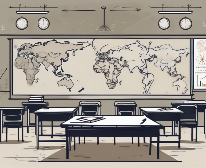 A classroom setting with various international symbols
