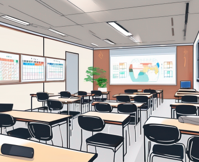 A classroom setting in china with an emphasis on various management tools such as a digital clock