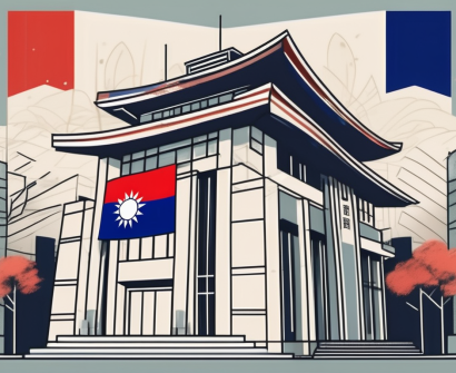 A school building with a taiwanese flag