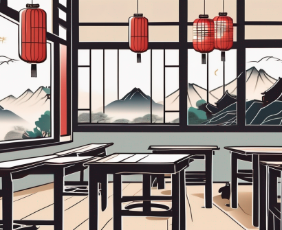 A traditional chinese classroom setting with a chalkboard