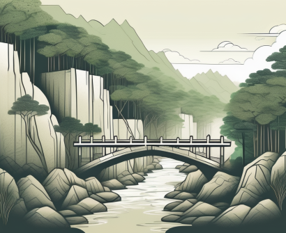 A vietnamese landscape with a series of six symbolic barriers such as a closed gate