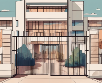 An international school building in argentina with a "now hiring" sign on the gate