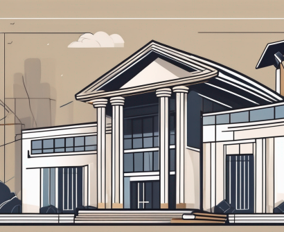 A thai school building with a symbolic representation of government policies such as a scale of justice or gavel