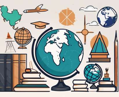 A classroom setting with diverse international symbols