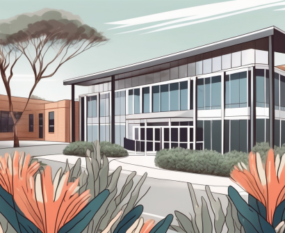 An international school building in australia with a 'hiring' sign hanging at the entrance