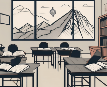 A classroom setting with symbolic elements such as a broken pencil