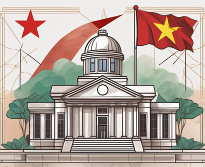 A schoolhouse with the vietnamese flag flying above it