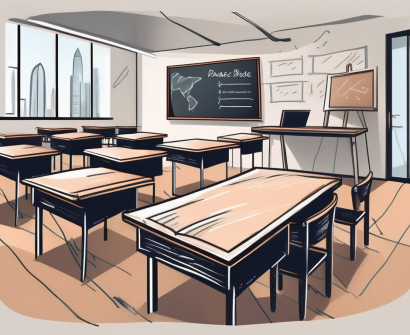 A classroom setting in dubai with a chalkboard