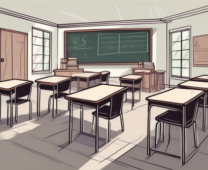 A classroom setting in thailand with empty desks and chairs