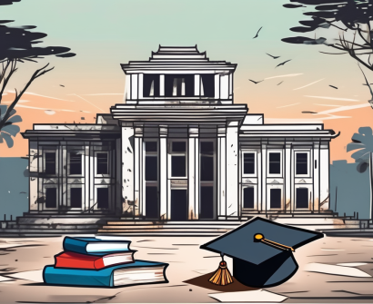 A dilapidated university building with a broken graduation cap and a pile of books nearby