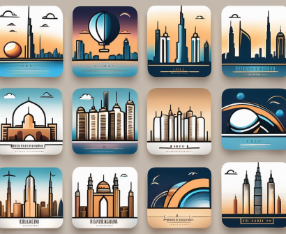 A diverse set of instagram icons placed over a stylized skyline of dubai