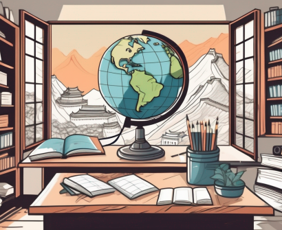 A classroom setting with various teaching aids like a globe