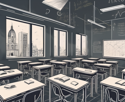 A dimly lit classroom with overcrowded desks and chairs