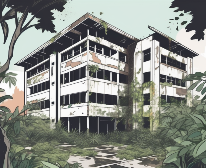 A crumbling university building with visible signs of neglect