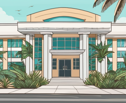 An international school building in barbados with a 'hiring now' sign on the entrance