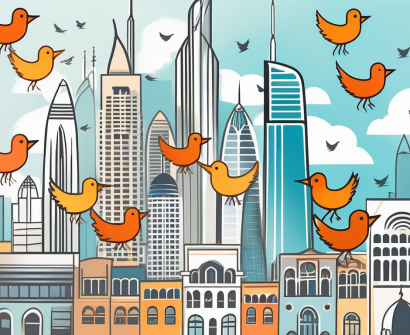 A collection of colorful twitter bird icons flying over the iconic dubai skyline