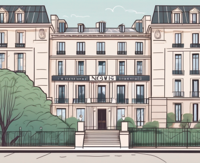 A parisian international school building with a "now hiring" sign on its front lawn