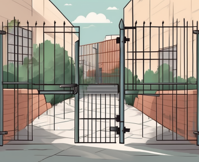 A school in the backdrop with various barriers such as a wall
