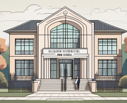 A belgian international school building with a "now hiring" sign on the front lawn