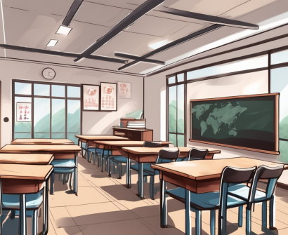 A classroom setting in china with a chalkboard